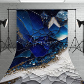 Aperturee - Aperturee Deep Blue and Gold Glitter Abstract Sweep Backdrop Luxurious Geometric Mosaic Design for Photography