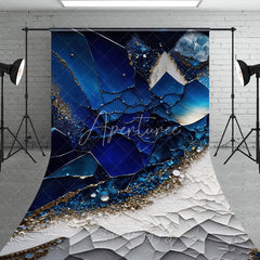 Aperturee - Aperturee Deep Blue and Gold Glitter Abstract Sweep Backdrop Luxurious Geometric Mosaic Design for Photography