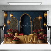 Aperturee - Aperturee Deep Blue Golden Moroccan Arches Photography Backdrop Arabian Lanterns and Red Roses Floral Decor for Romantic Events