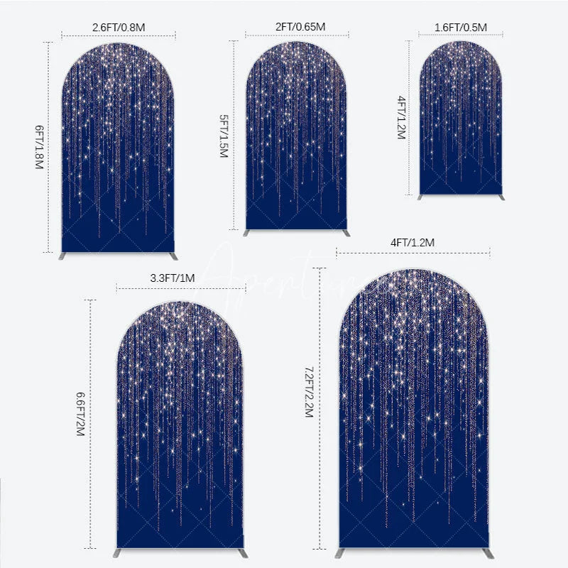 Aperturee - Aperturee Deep Blue Rose Gold Glitter Cascading Stars Round Top Arch Backdrop Elegant Celebration Party Decor