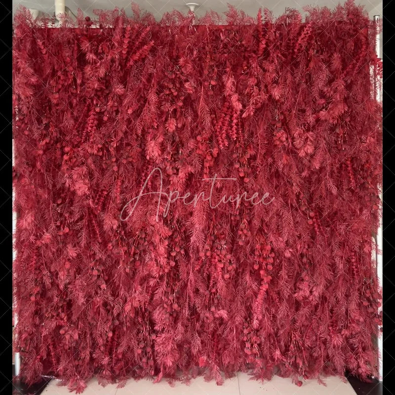 Aperturee - Aperturee Deep Red Artificial Flower Wall with Lush Foliage and Berry Clusters Elegant Wedding Party Decor