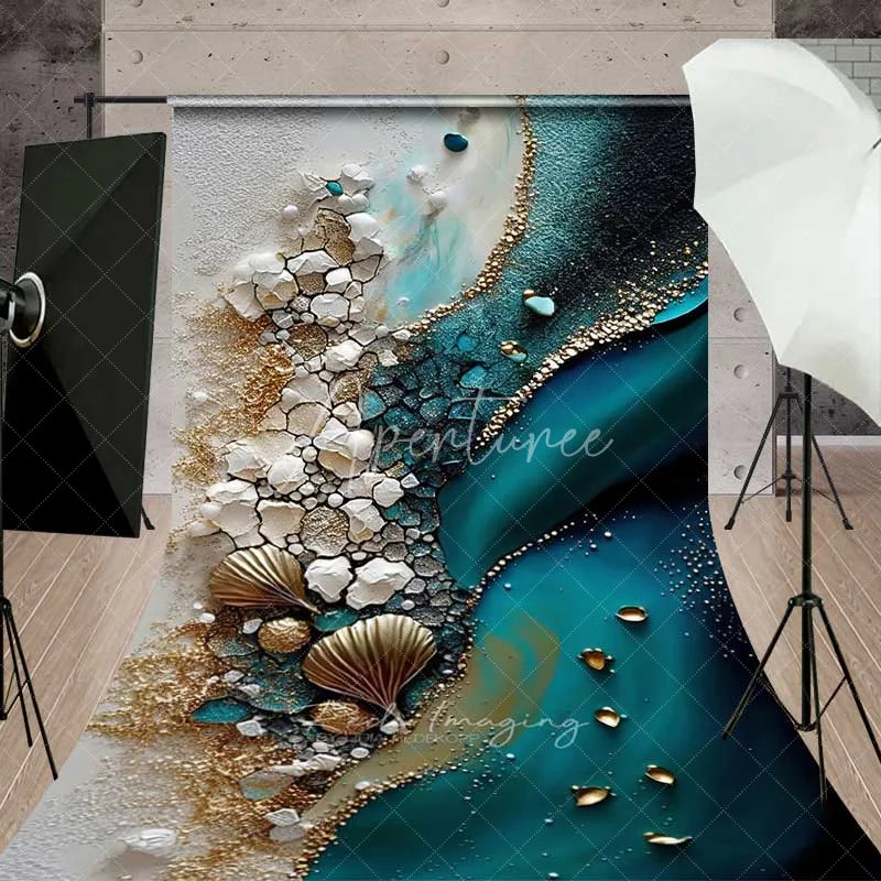 Aperturee - Aperturee Deep Teal Water and Gold Shells Backdrop White Cracked Texture Abstract Beach Photography Background