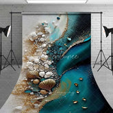 Aperturee - Aperturee Deep Teal Water and Gold Shells Backdrop White Cracked Texture Abstract Beach Photography Background