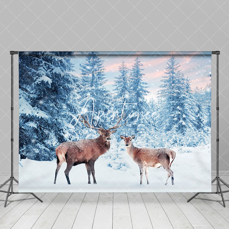 Aperturee - Aperturee Deer Elk Winter Forest Natural Photography Backdrop