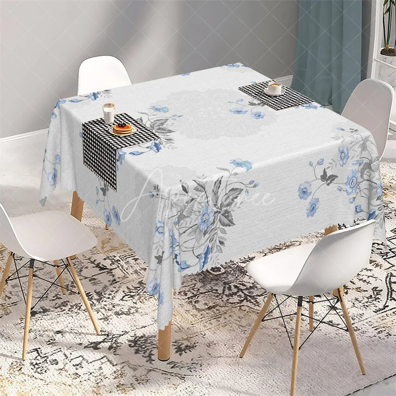 Aperturee - Aperturee Delicate Light Blue Floral Rectangle Tablecloth Shabby Chic Grey Leaf Table Cover for Baby Shower