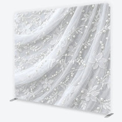 Aperturee - Aperturee Delicate White Lace Floral Pearl Embellished Square Double-Sided Backdrop Elegant Wedding Photography Decor
