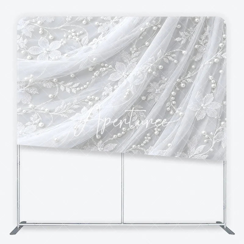 Aperturee - Aperturee Delicate White Lace Floral Pearl Embellished Square Double-Sided Backdrop Elegant Wedding Photography Decor