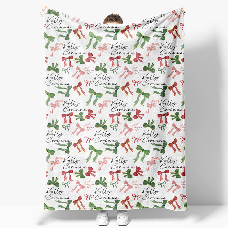 Aperturee - Aperturee Dense Green Red Pink Bow Tie Custom Name Blanket