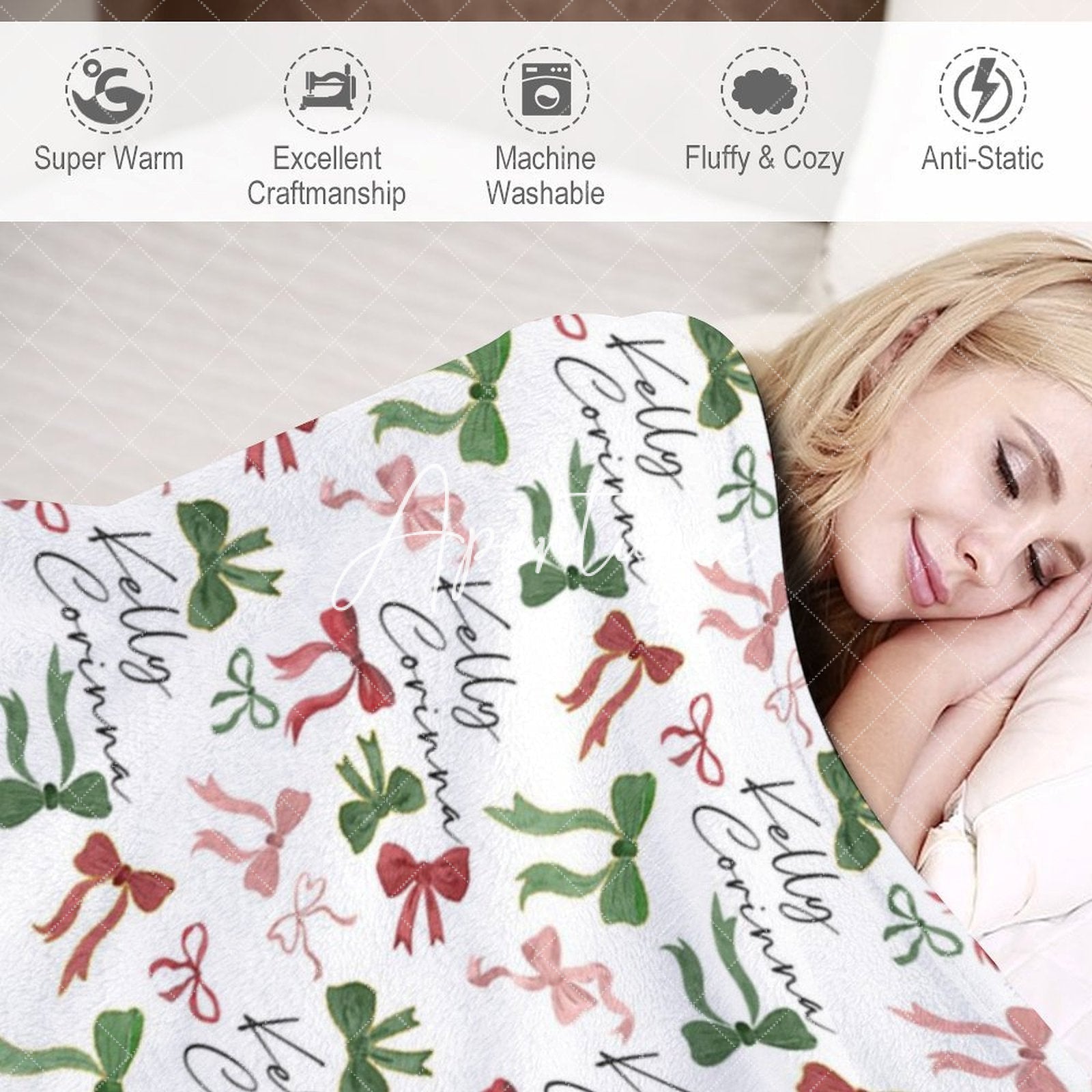 Aperturee - Aperturee Dense Green Red Pink Bow Tie Custom Name Blanket