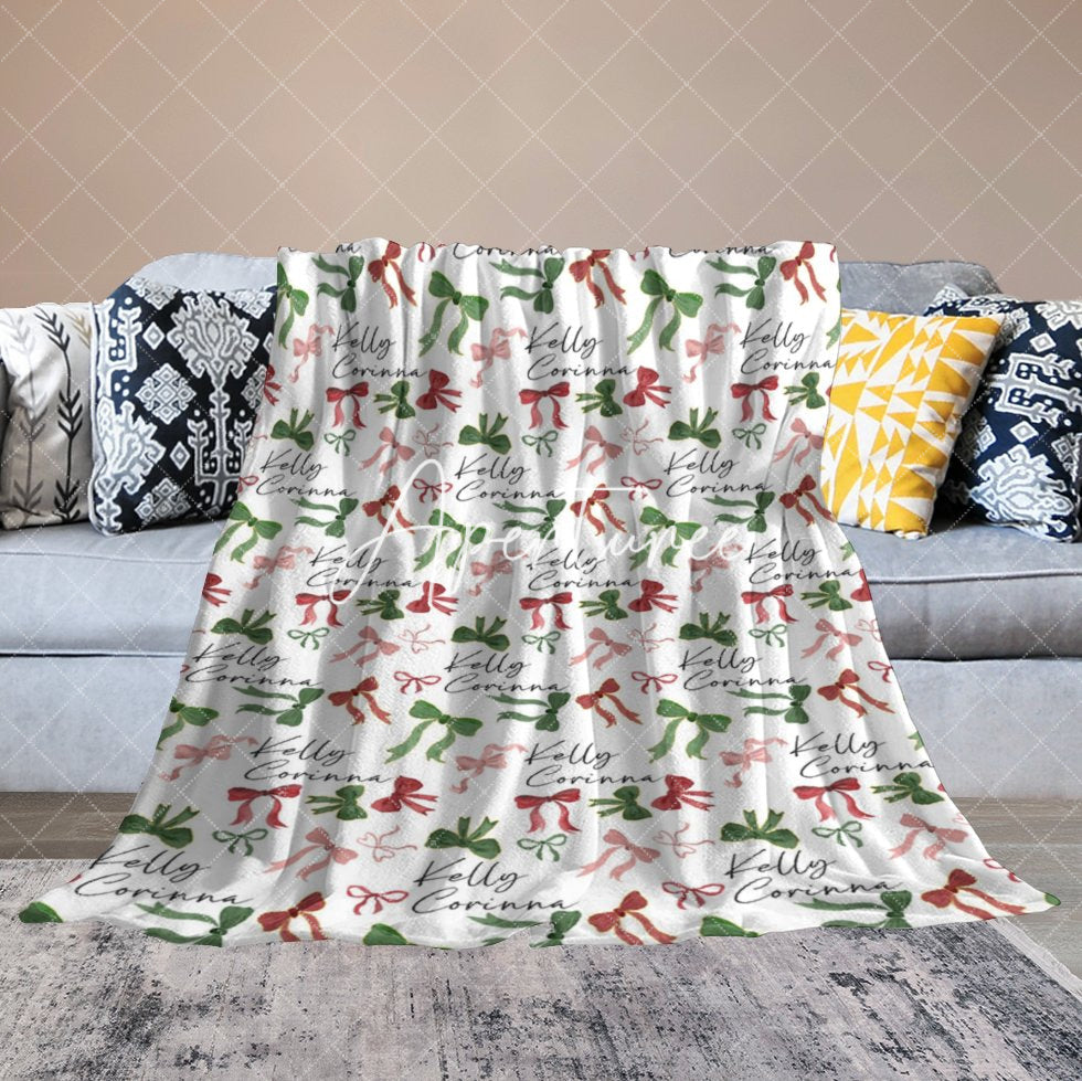 Aperturee - Aperturee Dense Green Red Pink Bow Tie Custom Name Blanket