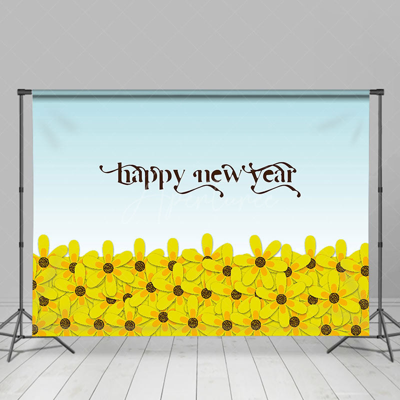 Aperturee - Aperturee Dense Yellow Floral Blue Happy New Year Backdrop