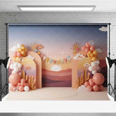 Aperturee - Aperturee Desert Sunset Cactus Photography Backdrop Boho Mountains Birthday Party Banner