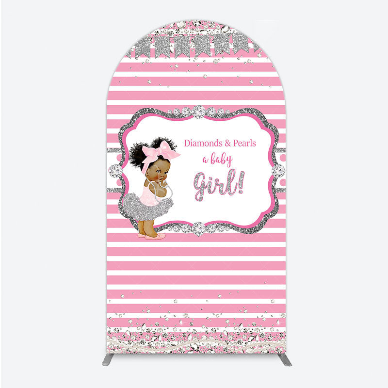 Aperturee - Aperturee Diamonds and Pearls Baby Girl Shower Arch Backdrop Pink and Silver Glitter African American Princess Theme Decor