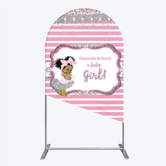 Aperturee - Aperturee Diamonds and Pearls Baby Girl Shower Arch Backdrop Pink and Silver Glitter African American Princess Theme Decor