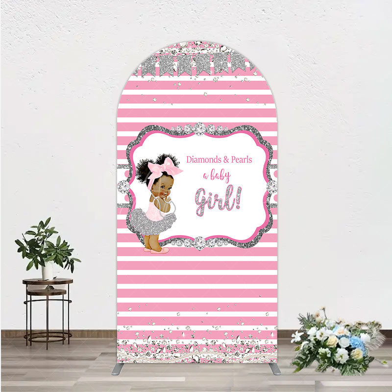 Aperturee - Aperturee Diamonds and Pearls Baby Girl Shower Arch Backdrop Pink and Silver Glitter African American Princess Theme Decor