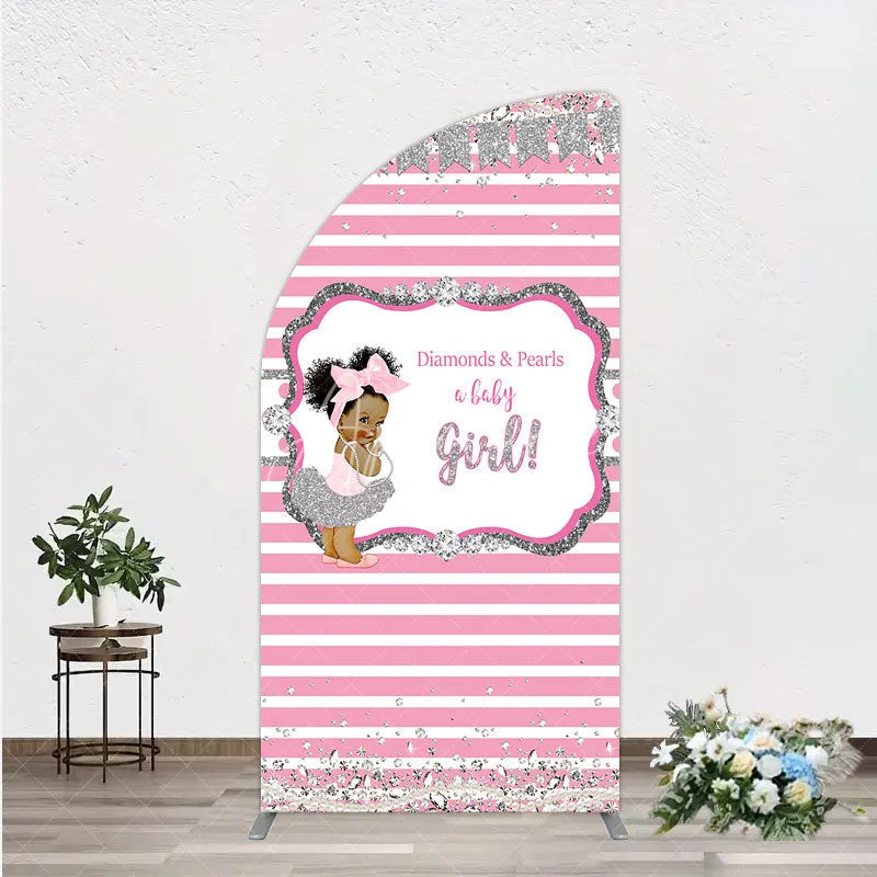 Aperturee - Aperturee Diamonds and Pearls Baby Girl Shower Half Moon Arch Backdrop Pink and Silver Glitter African American Princess Theme