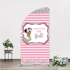 Aperturee - Aperturee Diamonds and Pearls Baby Girl Shower Half Moon Arch Backdrop Pink and Silver Glitter African American Princess Theme