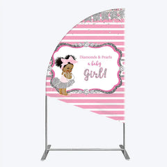 Aperturee - Aperturee Diamonds and Pearls Baby Girl Shower Half Moon Arch Backdrop Pink and Silver Glitter African American Princess Theme