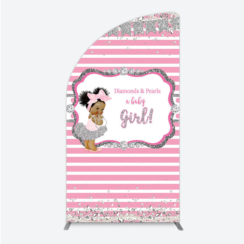 Aperturee - Aperturee Diamonds and Pearls Baby Girl Shower Half Moon Arch Backdrop Pink and Silver Glitter African American Princess Theme