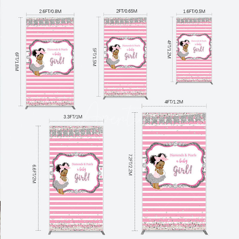 Aperturee - Aperturee Diamonds and Pearls Baby Girl Shower Rectangle Backdrop Pink and Silver Glitter African American Princess Theme Decor