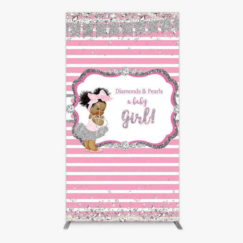 Aperturee - Aperturee Diamonds and Pearls Baby Girl Shower Rectangle Backdrop Pink and Silver Glitter African American Princess Theme Decor