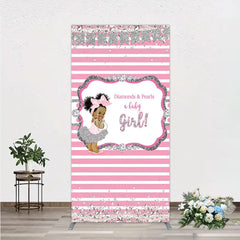 Aperturee - Aperturee Diamonds and Pearls Baby Girl Shower Rectangle Backdrop Pink and Silver Glitter African American Princess Theme Decor