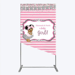 Aperturee - Aperturee Diamonds and Pearls Baby Girl Shower Rectangle Backdrop Pink and Silver Glitter African American Princess Theme Decor