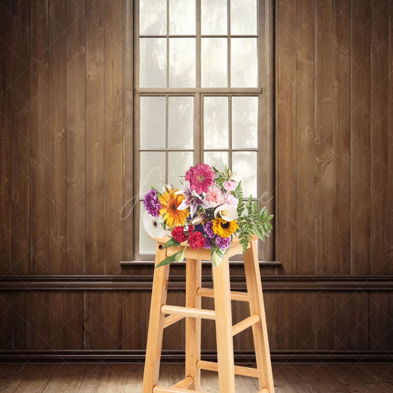 Aperturee - Aperturee Dim Vintage Brown Wood Cabin Window Photo Backdrop