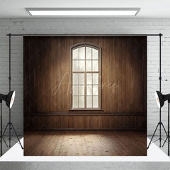 Aperturee - Aperturee Dim Vintage Brown Wood Cabin Window Photo Backdrop