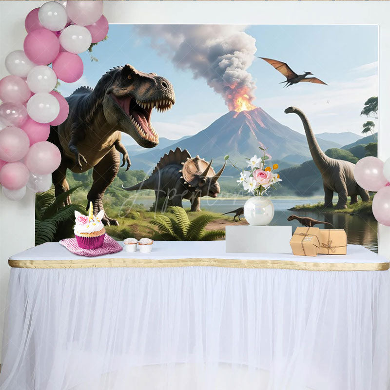 Aperturee - Aperturee Dinosaur Birthday Photography Backdrop Jurassic T-Rex and Volcano Scene Prehistoric Party Photo Background