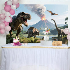 Aperturee - Aperturee Dinosaur Birthday Photography Backdrop Jurassic T-Rex and Volcano Scene Prehistoric Party Photo Background