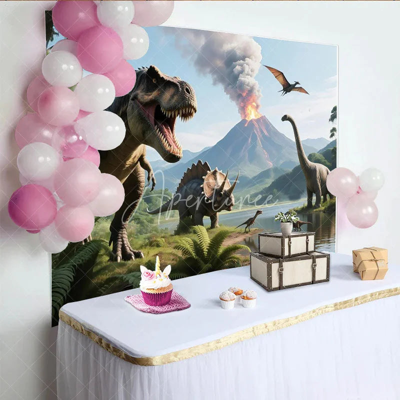 Aperturee - Aperturee Dinosaur Birthday Photography Backdrop Jurassic T-Rex and Volcano Scene Prehistoric Party Photo Background