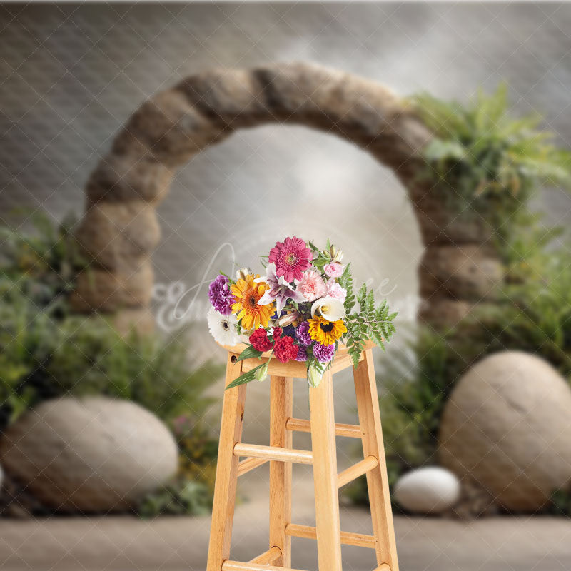 Aperturee - Aperturee Dinosaur Egg and Stone Arch Photography Backdrop Prehistoric Ferns for Birthday Jurassic Cake Smash Background