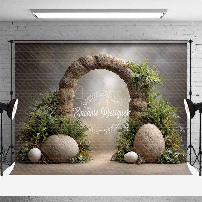 Aperturee - Aperturee Dinosaur Egg and Stone Arch Photography Backdrop Prehistoric Ferns for Birthday Jurassic Cake Smash Background