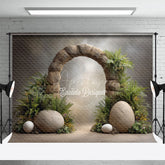 Aperturee - Aperturee Dinosaur Egg and Stone Arch Photography Backdrop Prehistoric Ferns for Birthday Jurassic Cake Smash Background