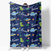 Aperturee - Aperturee Dinosaurs Floral Dark Blue Personalized Name Blanket