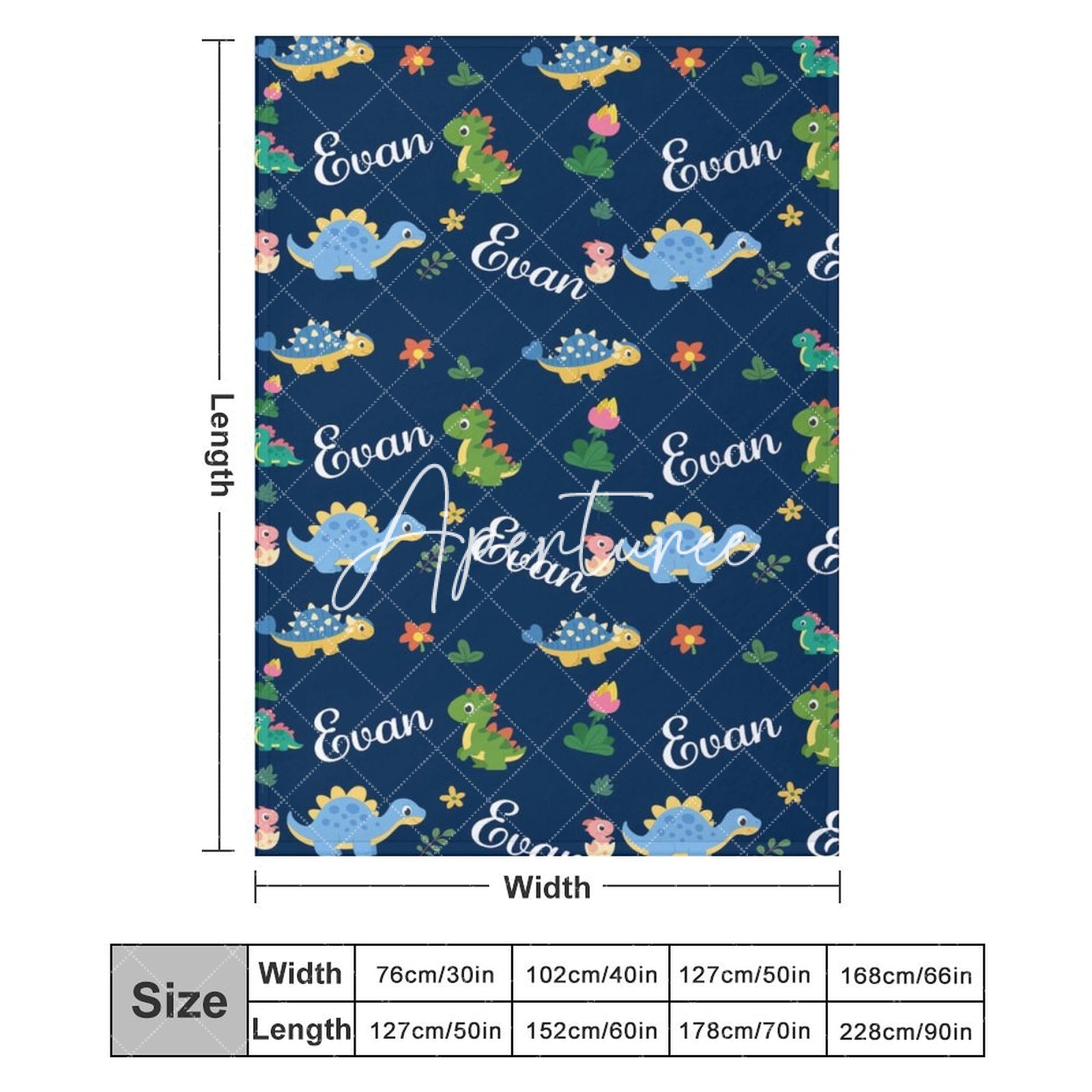 Aperturee - Aperturee Dinosaurs Floral Dark Blue Personalized Name Blanket