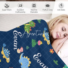 Aperturee - Aperturee Dinosaurs Floral Dark Blue Personalized Name Blanket