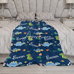 Aperturee - Aperturee Dinosaurs Floral Dark Blue Personalized Name Blanket