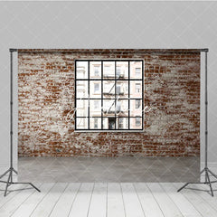 Aperturee - Aperturee Distressed Brick Wall with Black Window Photography Backdrop Urban City Loft Industrial Style for Photo Shoots