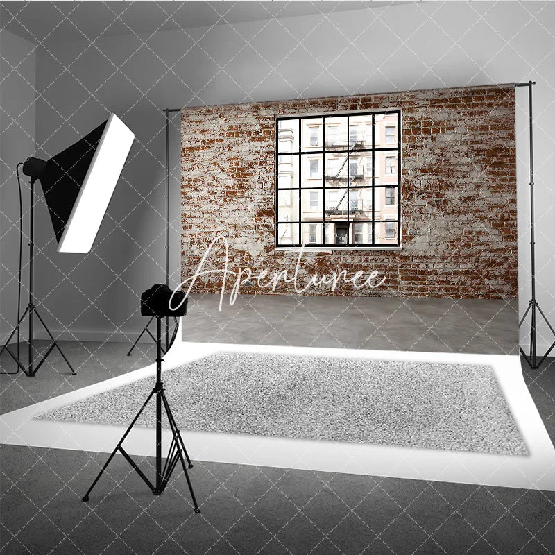 Aperturee - Aperturee Distressed Brick Wall with Black Window Photography Backdrop Urban City Loft Industrial Style for Photo Shoots
