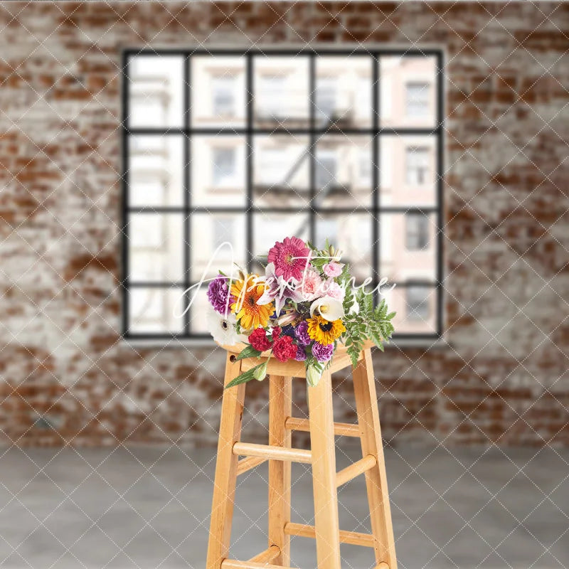 Aperturee - Aperturee Distressed Brick Wall with Black Window Photography Backdrop Urban City Loft Industrial Style for Photo Shoots