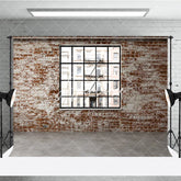 Aperturee - Aperturee Distressed Brick Wall with Black Window Photography Backdrop Urban City Loft Industrial Style for Photo Shoots