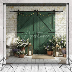 Aperturee - Aperturee Distressed Green Barn Door Photography Backdrop with White Brick Wall Rustic Farmhouse Decor and Clover Lights