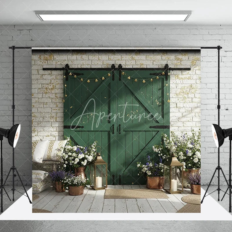 Aperturee - Aperturee Distressed Green Barn Door Photography Backdrop with White Brick Wall Rustic Farmhouse Decor and Clover Lights
