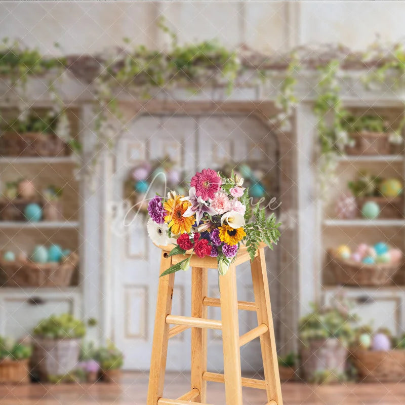 Aperturee - Aperturee Distressed White Cabinet Easter Photography Backdrop Pastel Egg Wreaths and Baskets Studio Background