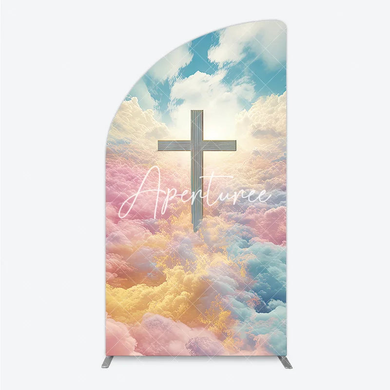 Aperturee - Aperturee Divine Cross with Pastel Pink Yellow Blue Clouds Half Moon Arch Backdrop Spiritual Celebration Decor
