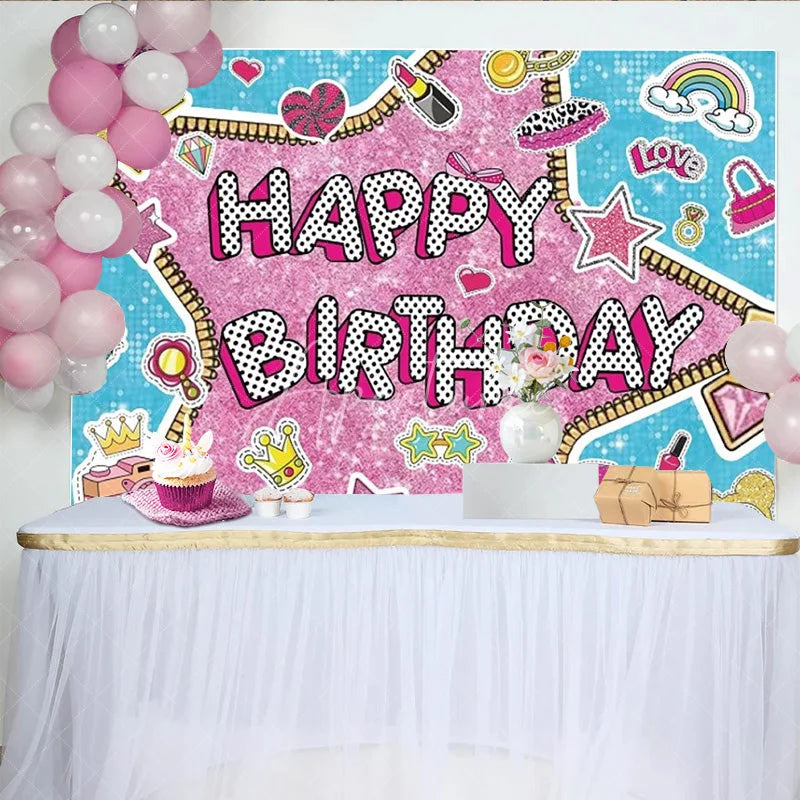 Aperturee - Aperturee Doll Surprise Themed Happy Birthday Backdrop Pink Glam Pop Star Party Decor Sticker Bomb Style Photo Booth Banner
