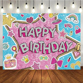 Aperturee - Aperturee Doll Surprise Themed Happy Birthday Backdrop Pink Glam Pop Star Party Decor Sticker Bomb Style Photo Booth Banner