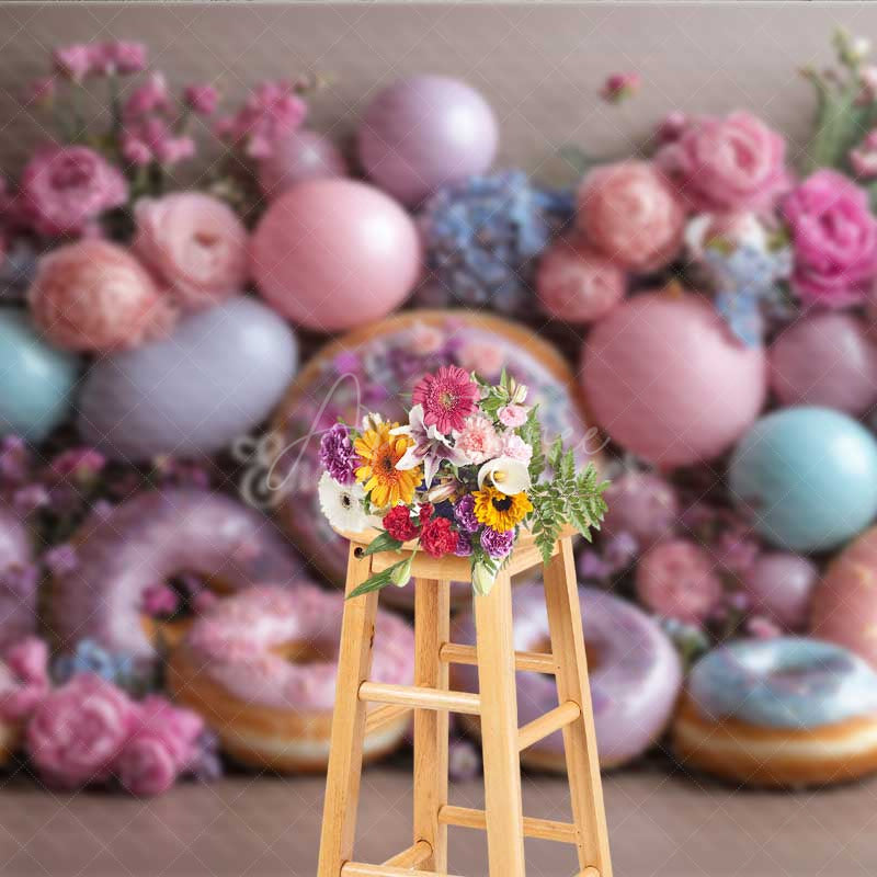 Aperturee - Aperturee Donut Wall Wedding Photography Backdrop Colorful Donuts with Peonies and Balloons Sweet Celebration Photo Prop